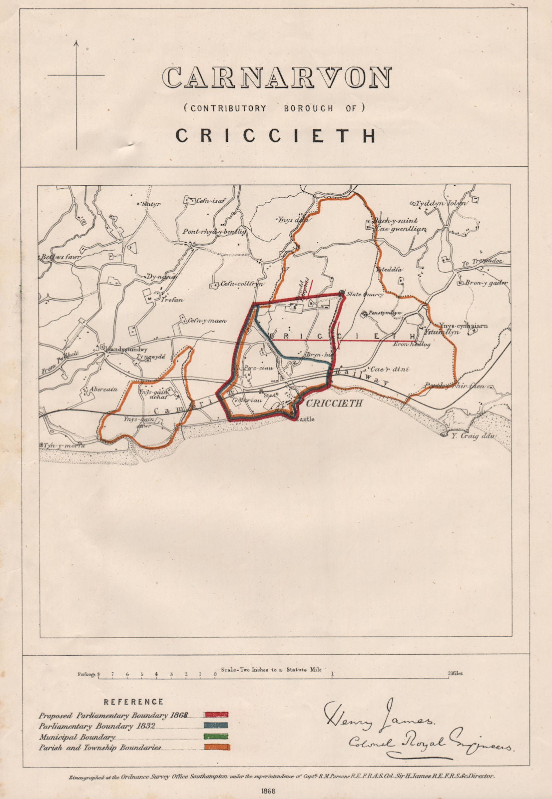 Carnarvon Contributory Borough of Criccieth. JAMES. BOUNDARY COMMISSION 1868 map